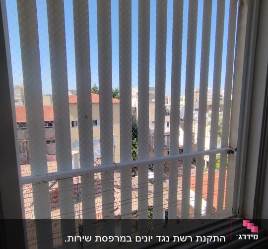 רשת נגד יונים מותקנת על חלון עם תריסים